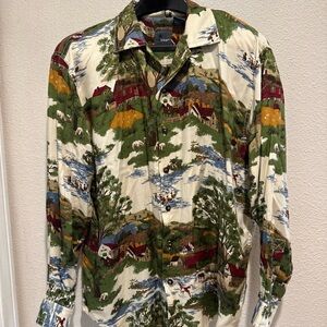 Vintage Liz Wear Americana Scenic Print Button-Up Shirt size Small Long Sleeve